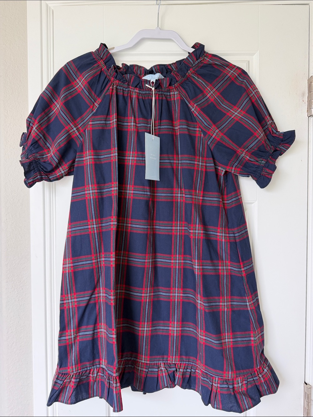 Hill House Navy and Red Plaid Ruffle-Hem Dress